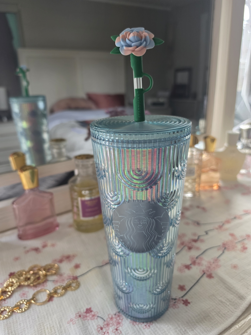 Starbucks Iridescent Blue Tumbler with Green Floral Straw